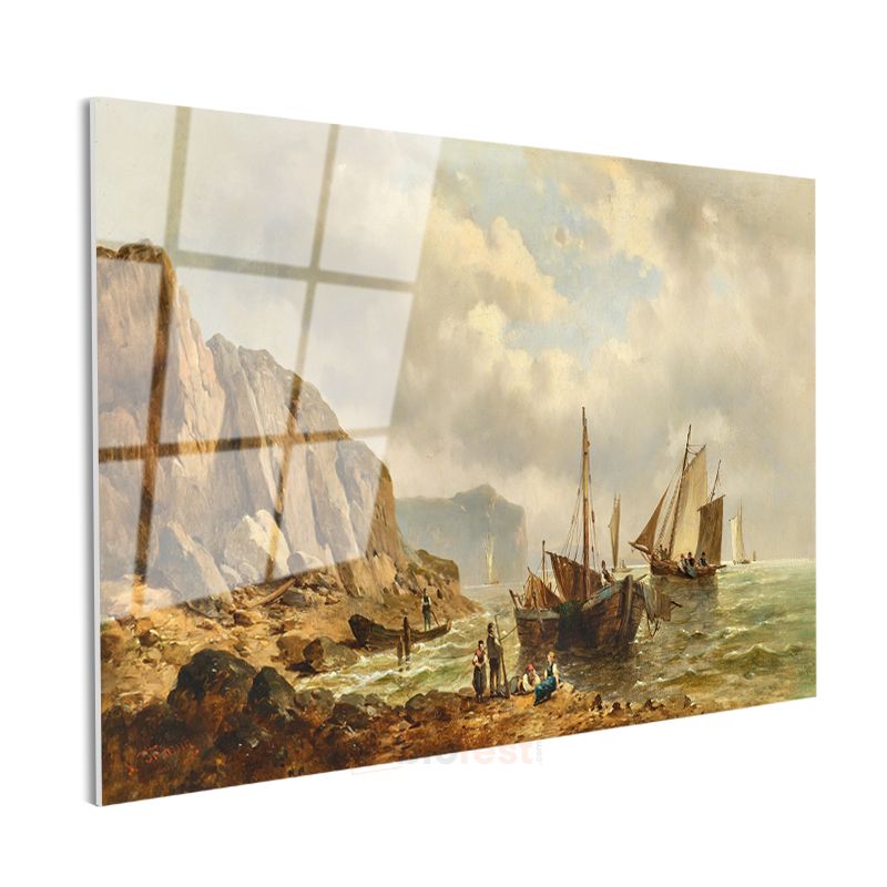 Andreas Achenbach - Kayalık Sahilde Tekneler Cam Tablo