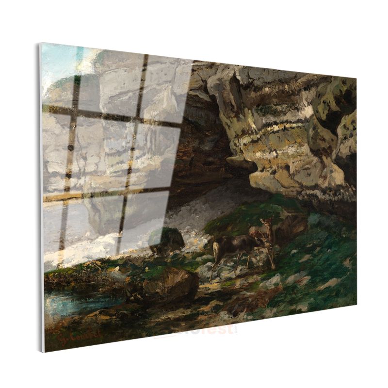 Gustave Courbet - Kayalıklar ve Geyik Cam Tablo