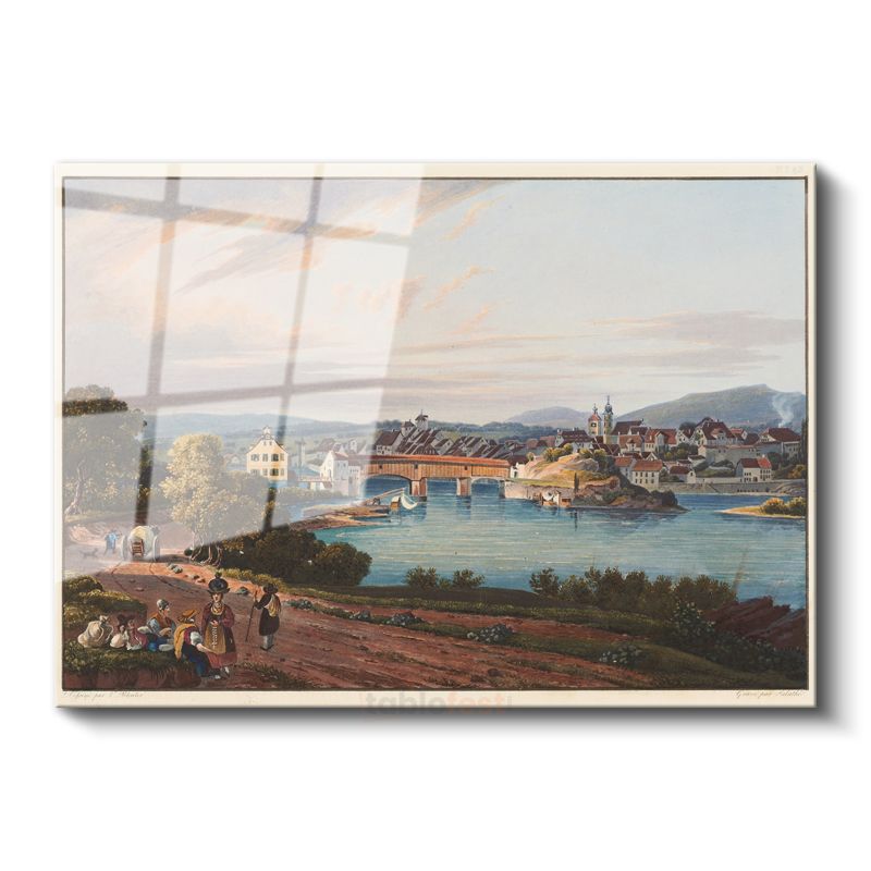Johann Ludwig Bleuler - Nehir Kıyısında Köy Manzarası Cam Tablo