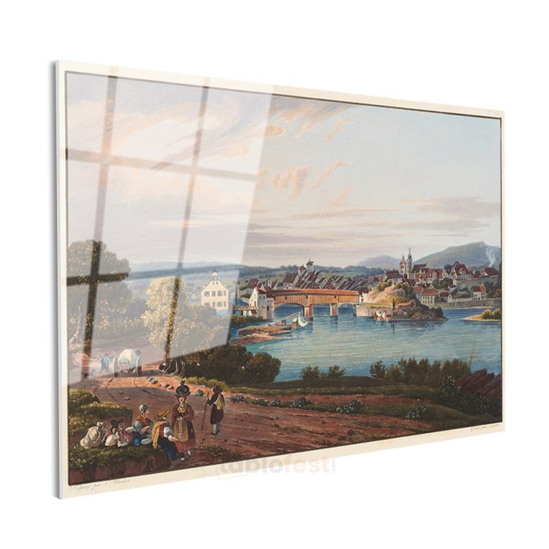 Johann Ludwig Bleuler - Nehir Kıyısında Köy Manzarası Cam Tablo