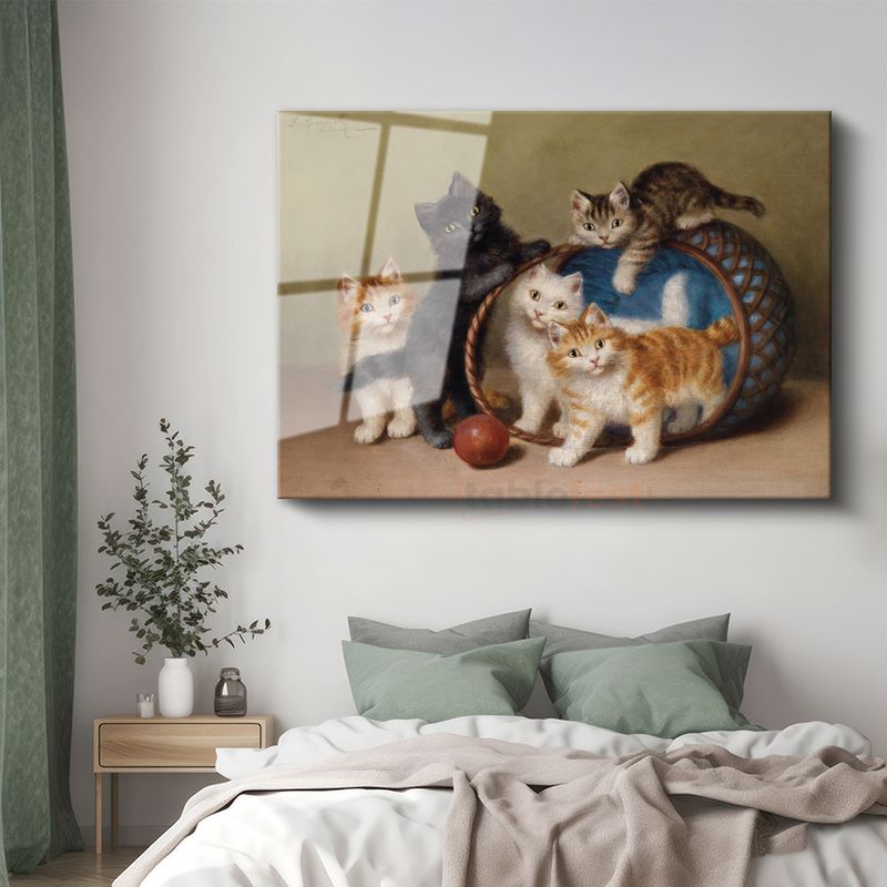 Henriette Ronner-Knip - Sepetteki Yavru Kediler Cam Tablo