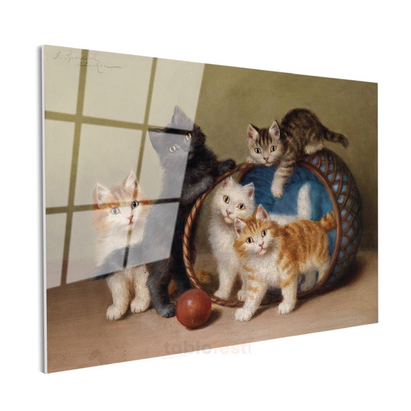 Henriette Ronner-Knip - Sepetteki Yavru Kediler Cam Tablo