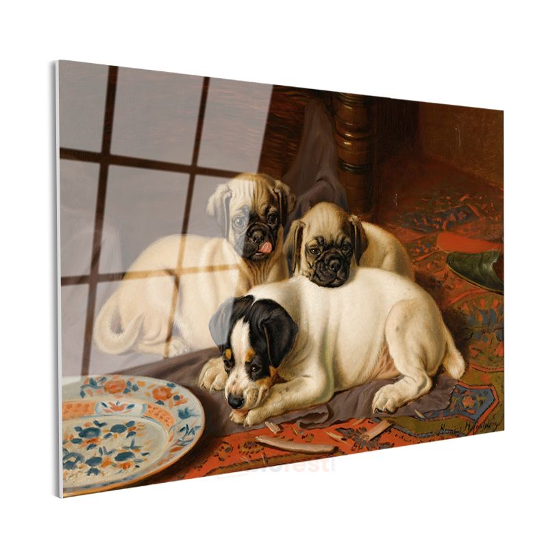 Henrietta Ronner-Knip - Üç Yavru Köpek Cam Tablo