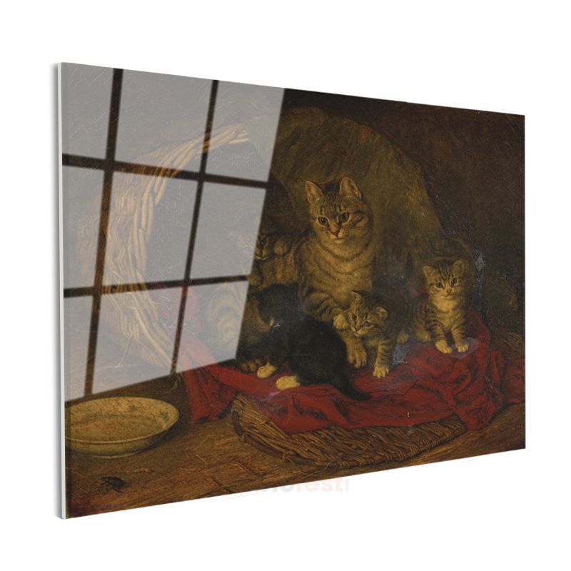 Henriëtte Ronner-Knip - Sepetteki Kediler Cam Tablo