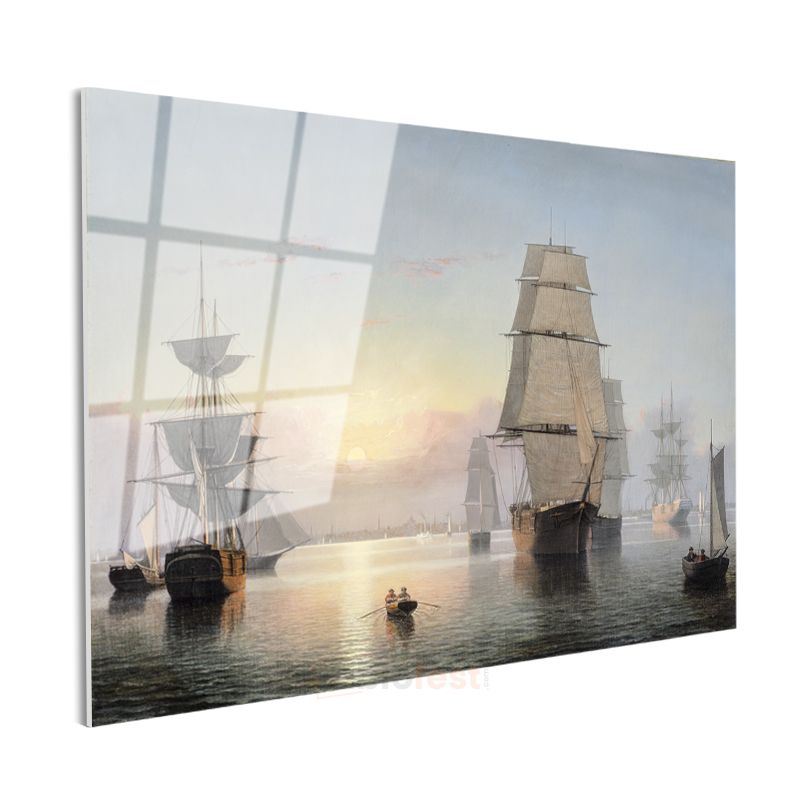 Fitz Hugh Lane - Durgun Denizde Yelkenliler Cam Tablo