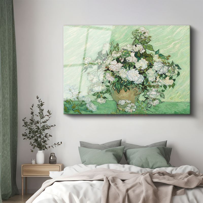 Vincent Van Gogh - Vazoda Beyaz Güller Cam Tablo