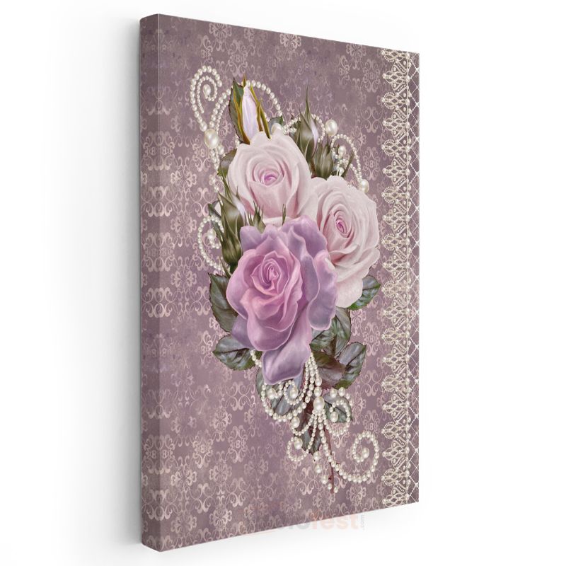 İnci Süslemeli Güller - Mor Damask Desenli Kanvas Tablo