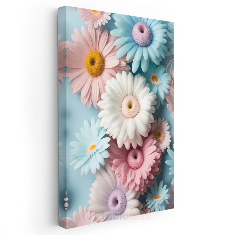 Pastel Papatyalar - Mavi Fonda Renkli Gerbera Kanvas Tablo