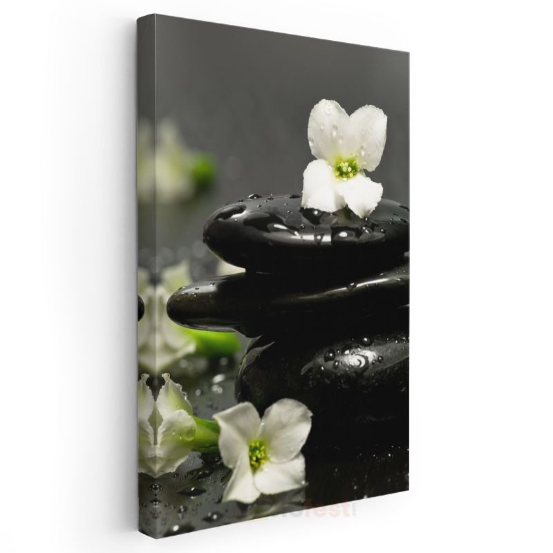 Spa Konsepti - Siyah Taşlar ve Beyaz Çiçekler Kanvas Tablo