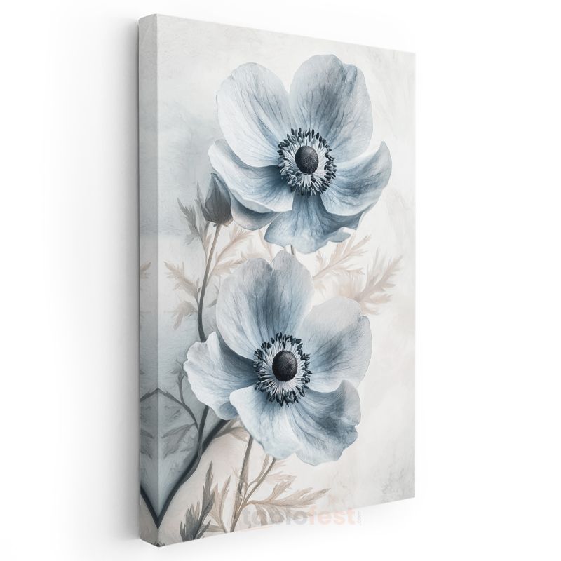 Mavi Anemonlar - Soft Pastel Tonlarda Çiçek İkilisi Kanvas Tablo