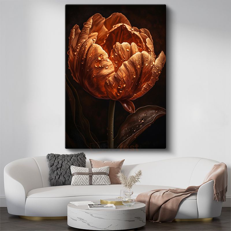 Amber Lale - Çiy Damlacıklı Bronz Çiçek Portresi Kanvas Tablo