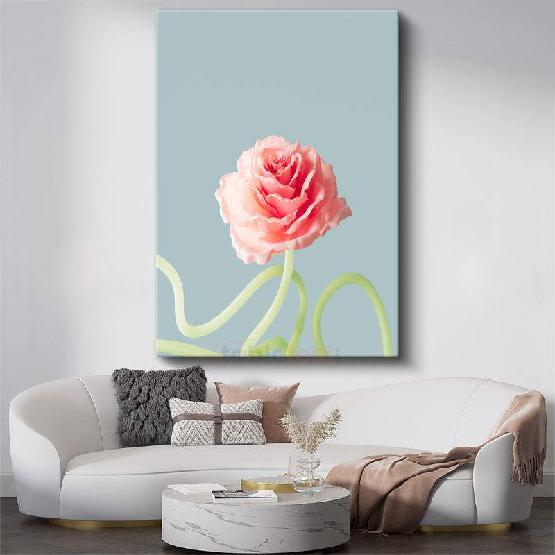 Pastel Gül - Mavi Fonda Minimalist Çiçek Portresi Kanvas Tablo