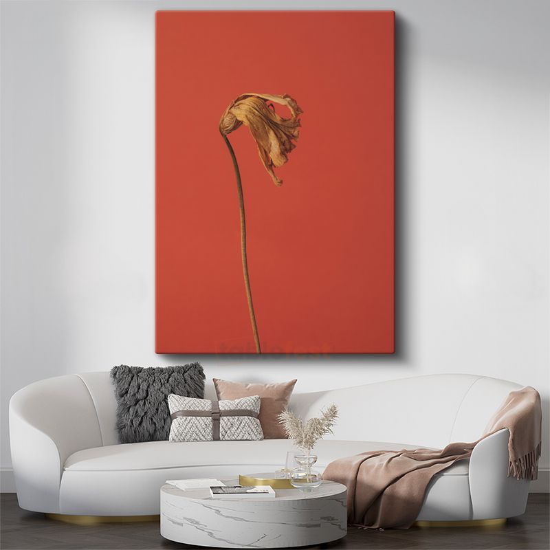 Solmuş Çiçek - Kırmızı Fonda Minimalist Botanik Kanvas Tablo