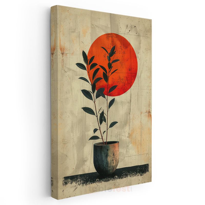 Minimalist Bitki - Kırmızı Güneş ve Saksıda Yapraklar Kanvas Tablo