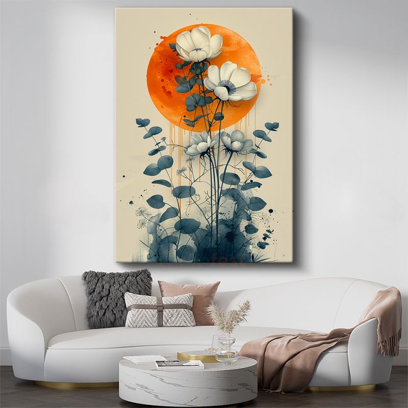 Ay Işığında Çiçekler - Turuncu Daire Fonlu Minimalist Çiçek Kanvas Tablo