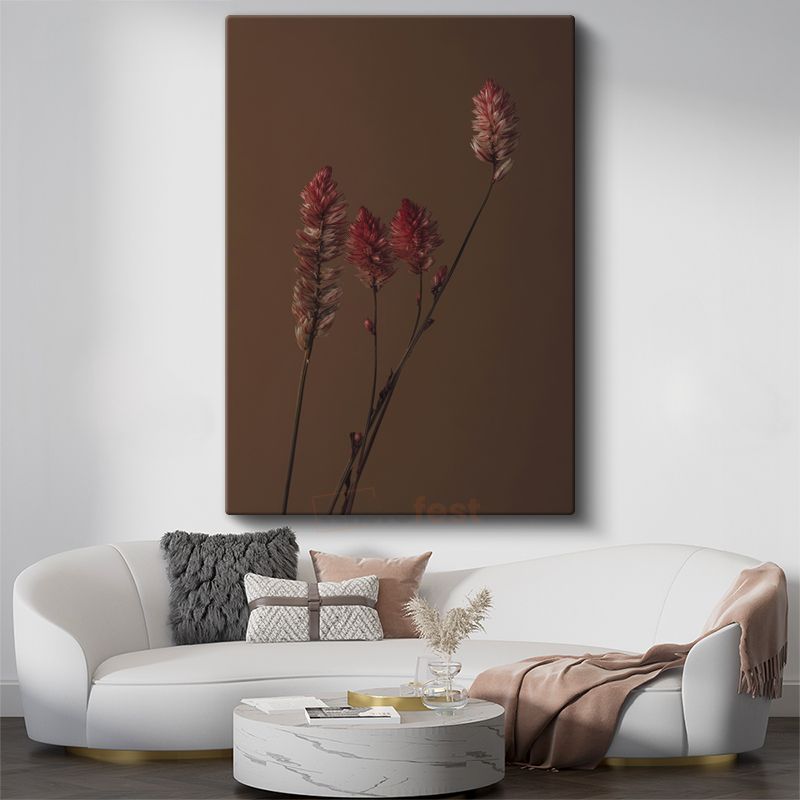 Kızıl Başaklar - Kahverengi Fonda Minimalist Bitki Silueti Kanvas Tablo