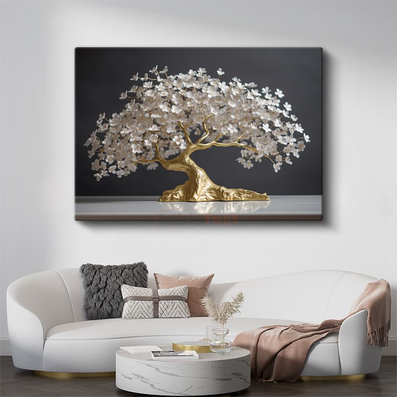 Altın Çiçek Ağacı - Zarif Beyaz Çiçekli Bonsai Sanatı Kanvas Tablo