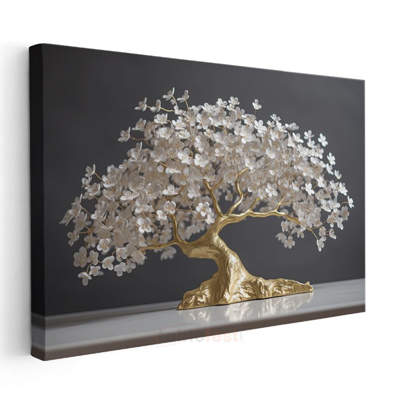 Altın Çiçek Ağacı - Zarif Beyaz Çiçekli Bonsai Sanatı Kanvas Tablo