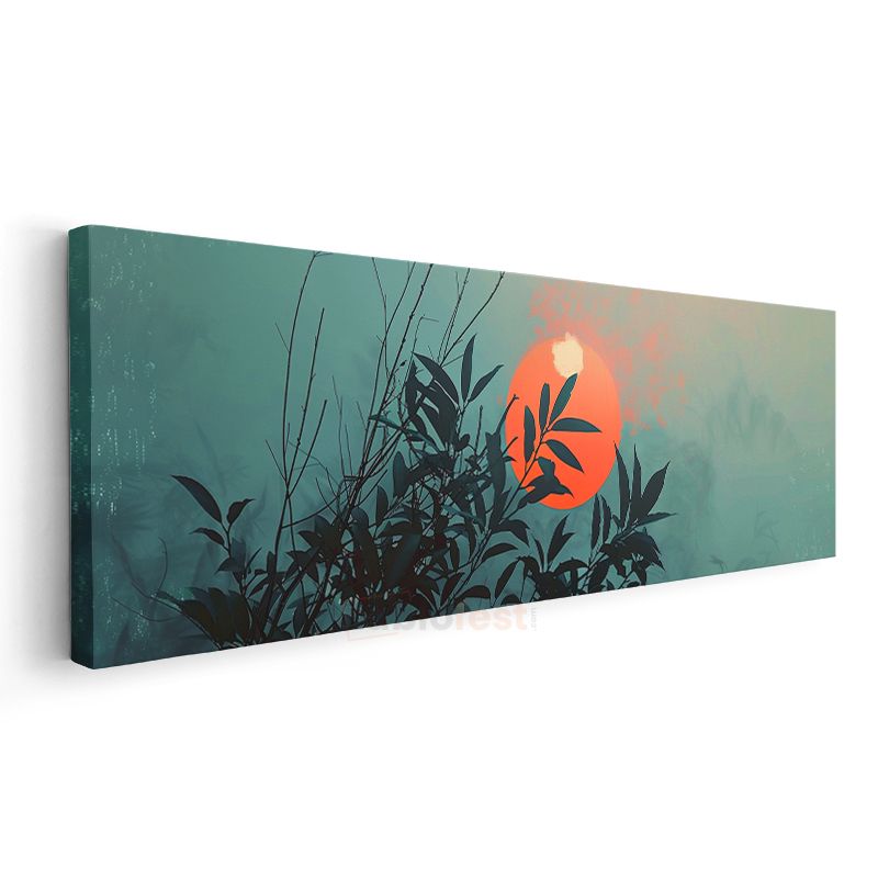 Zen Bambu - Kırmızı Güneş Eşliğinde Minimalist Tasarım Kanvas Tablo