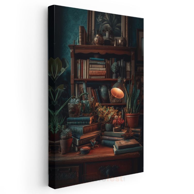 Çalışma Masası - Botanik Kitap Düzenlemesi Kanvas Tablo