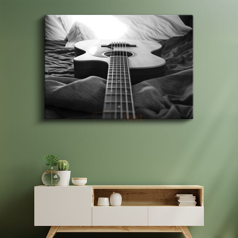 Akustik Gitar - Siyah Beyaz Müzik Kanvas Tablo