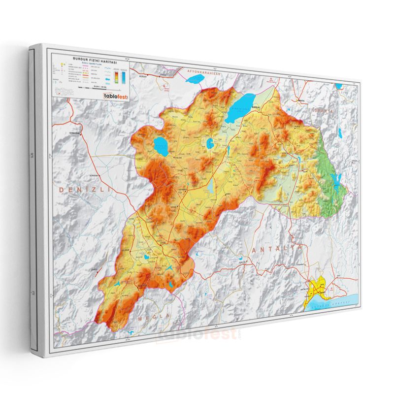 Burdur - Fiziki Haritası Kanvas Tablo
