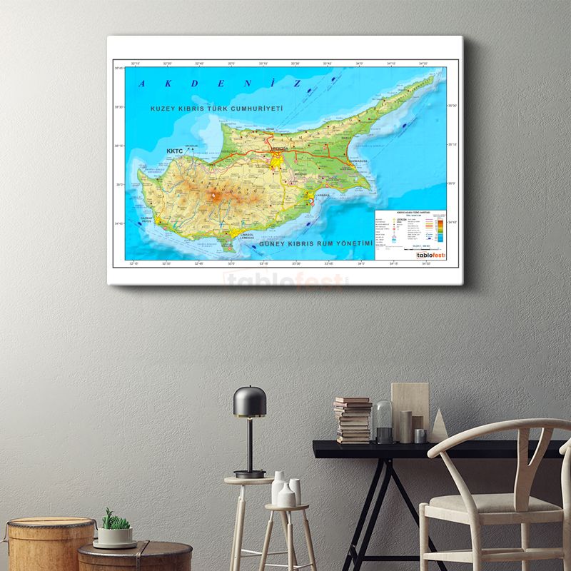 Kıbrıs - Fiziki Haritası Kanvas Tablo