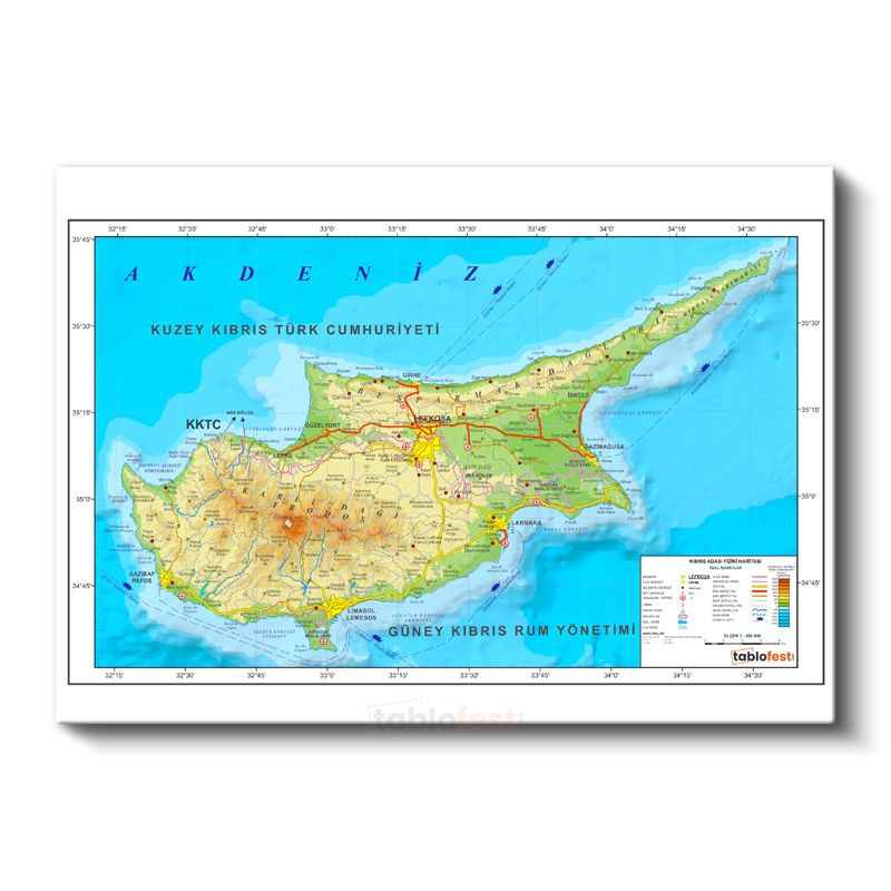 Kıbrıs - Fiziki Haritası Kanvas Tablo
