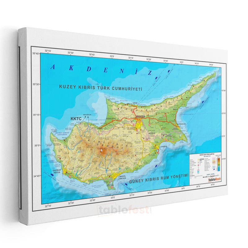 Kıbrıs - Fiziki Haritası Kanvas Tablo