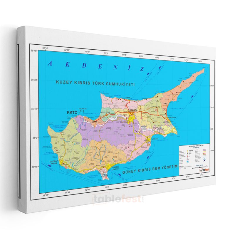 Kıbrıs - Siyasi Haritası Kanvas Tablo