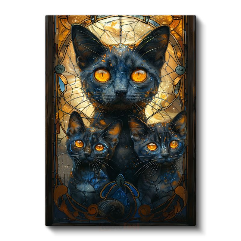 Mistik Kediler - Sarı Gözlü Üç Siyah Kedi Portresi Kanvas Tablo