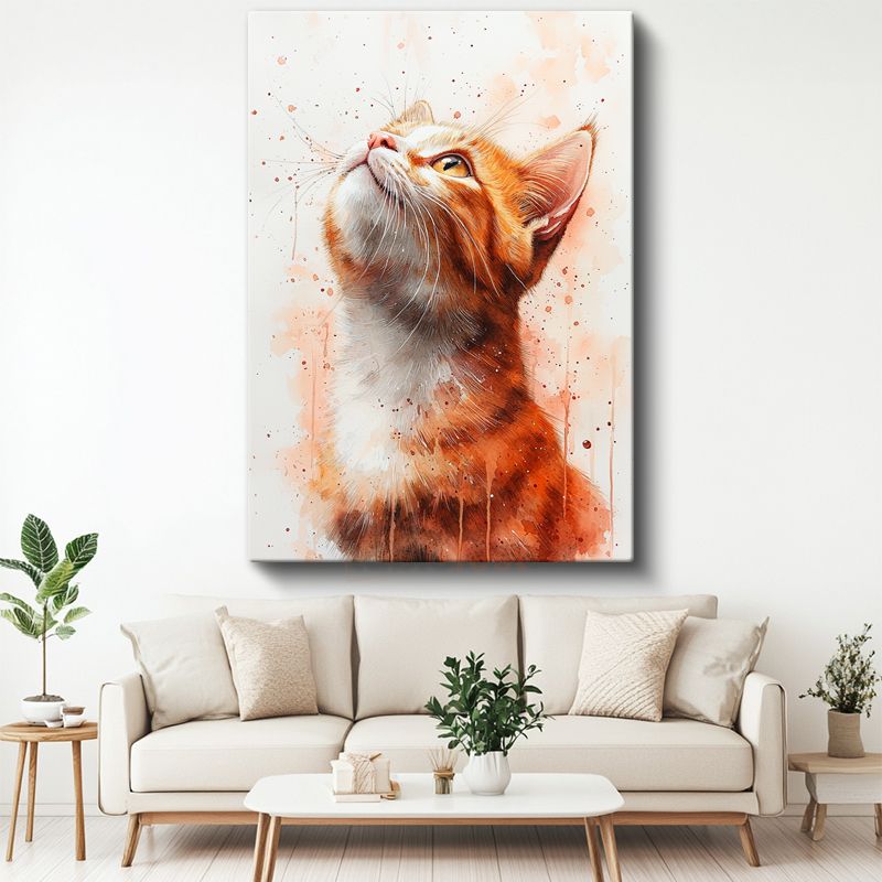 Kızıl Kedi - Suluboya Efektli Yukarı Bakan Portre Kanvas Tablo