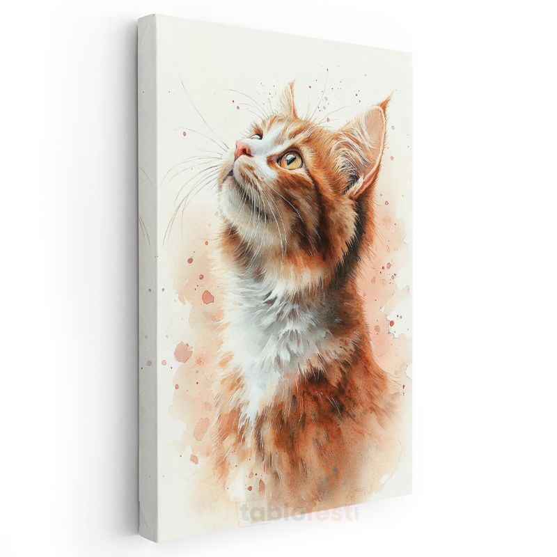 Kızıl Kedi - Suluboya Efektli Yukarı Bakan Portre Kanvas Tablo