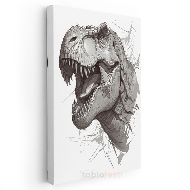 T-Rex Portresi - Gri Tonlarında Keskin Dişli Dinozor Kanvas Tablo