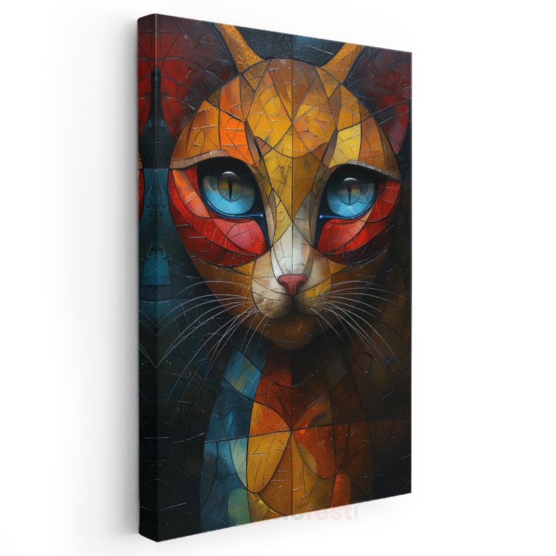 Vitray Kedi - Geometrik Desenlerde Renkli Bakışlar Kanvas Tablo