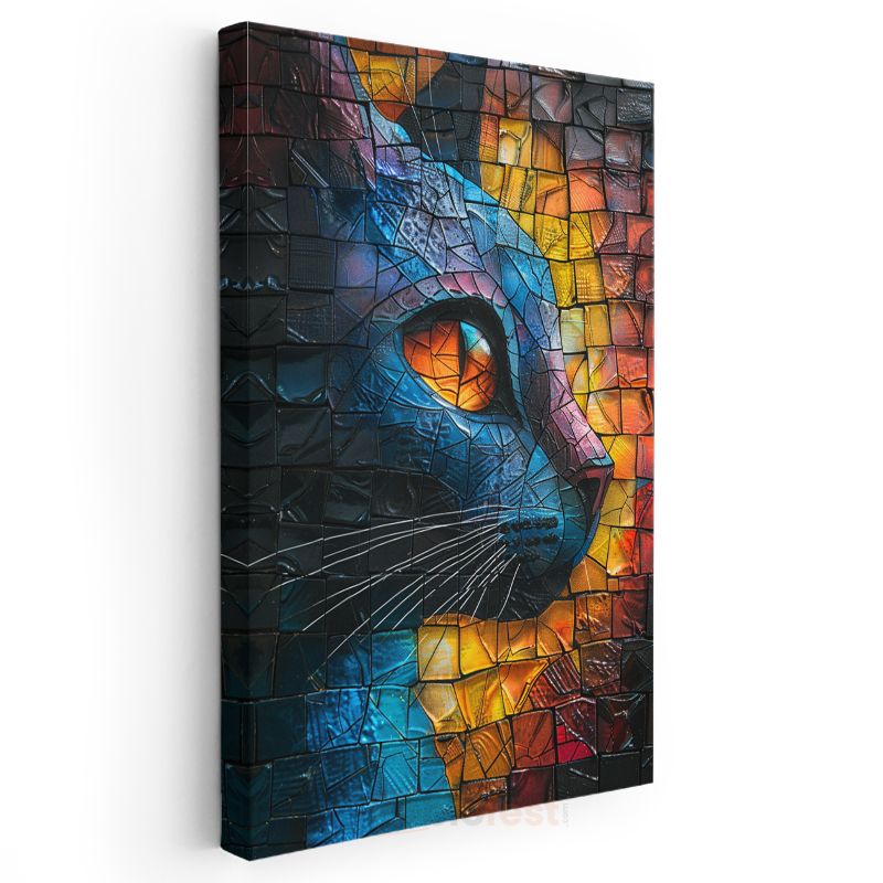 Mozaik Kedi - Renkli Cam Parçalarında Keskin Bakış Kanvas Tablo