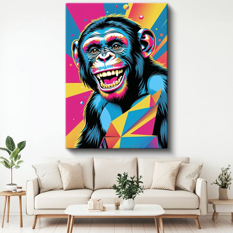 Pop Art Şempanze - Renkli Geometrik Desenli Gülümseme Kanas Tablo