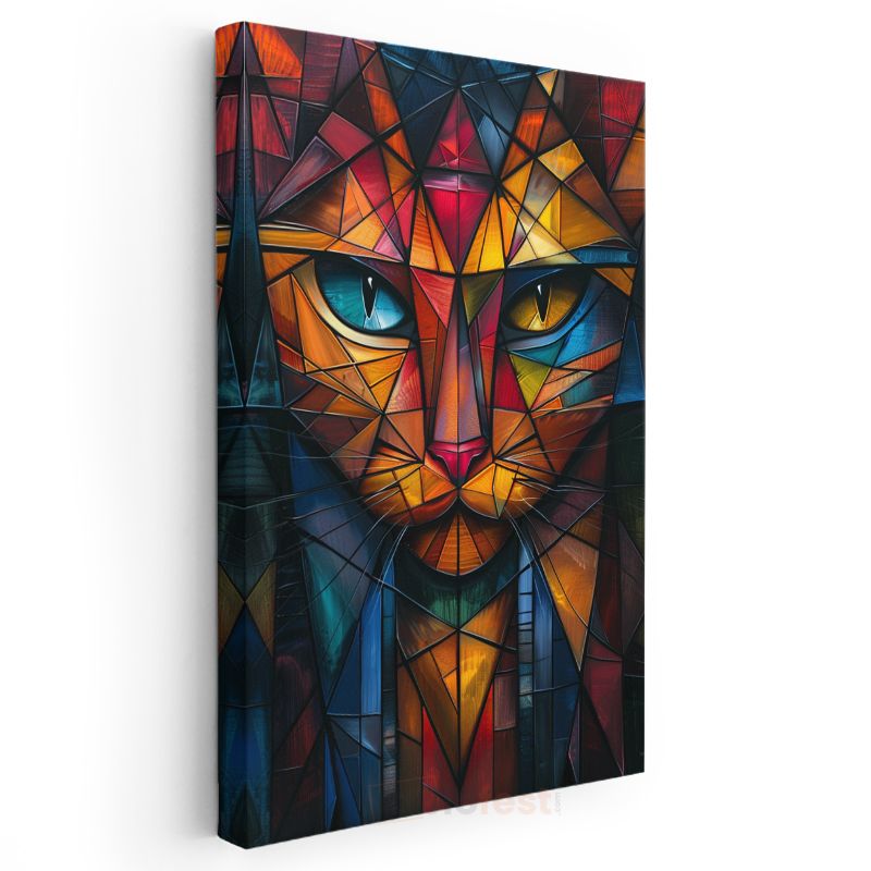 Geometrik Kedi - Üçgen Desenlerde Çift Gözlü Bakış Kanvas Tablo