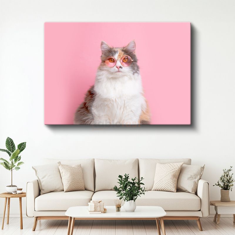Gözlüklü Kedi - Pembe Dünyada Şık Duruş Kanvas Tablo
