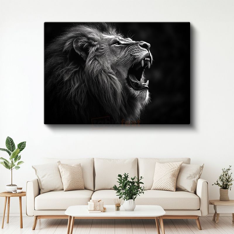 Kükreyen Aslan - Siyah Beyaz Güç Portresi Kanvas Tablo