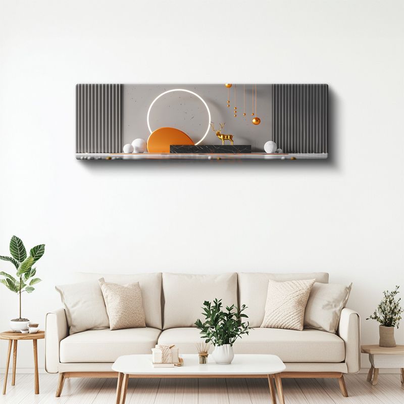 Modern Geyik - Işıklı Çember İçinde Altın Heykel Kanvas Tablo