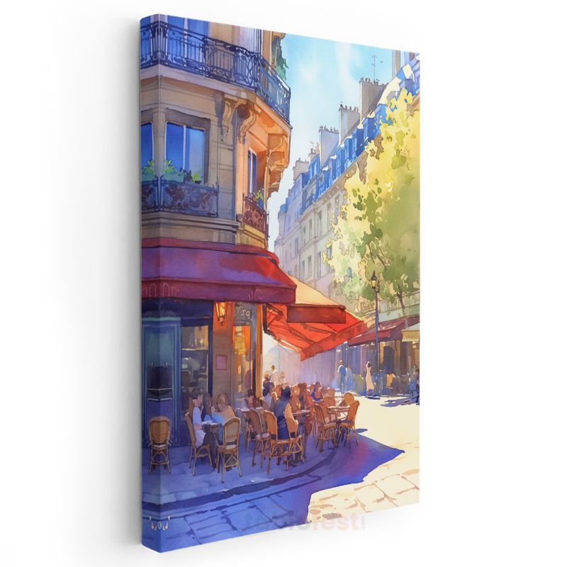 Paris Kafesi - Kırmızı Tenteli Sokak Manzarası Kanvas Tablo