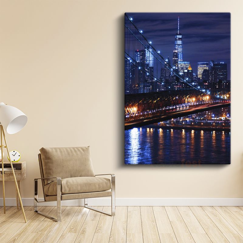 Brooklyn Köprüsü - Gece Işıklarında New York Kanvas Tablo