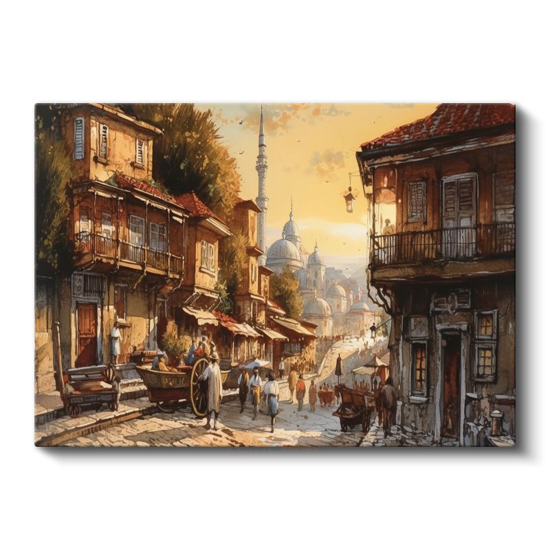 Osmanlı Sokağı - Cami Manzaralı Ahşap Evler Kanvas Tablo