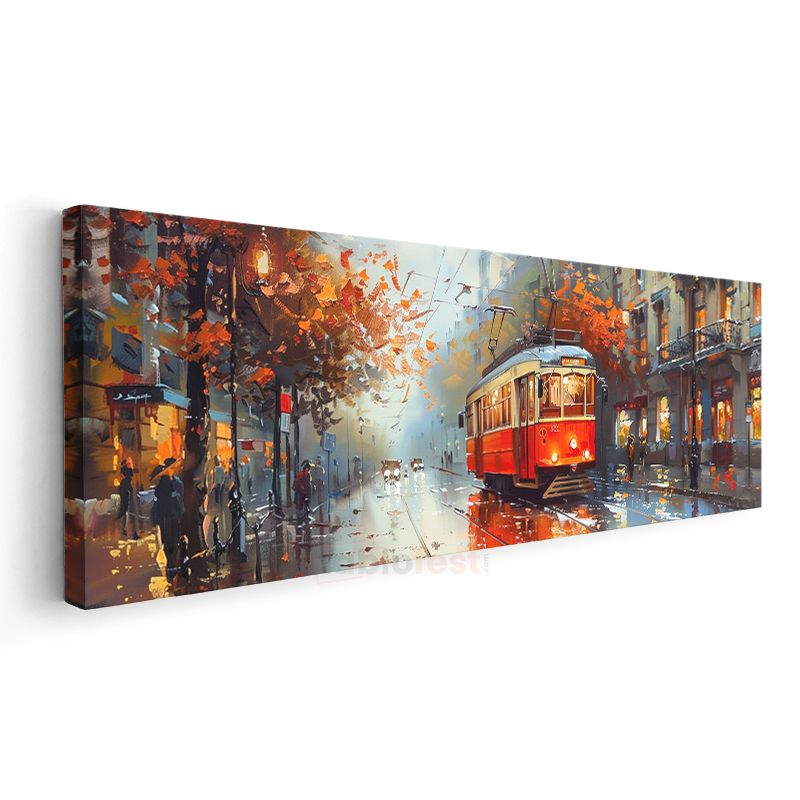 Kırmızı Tramvay - Işıklı Cadde Yansımaları Kanvas Tablo