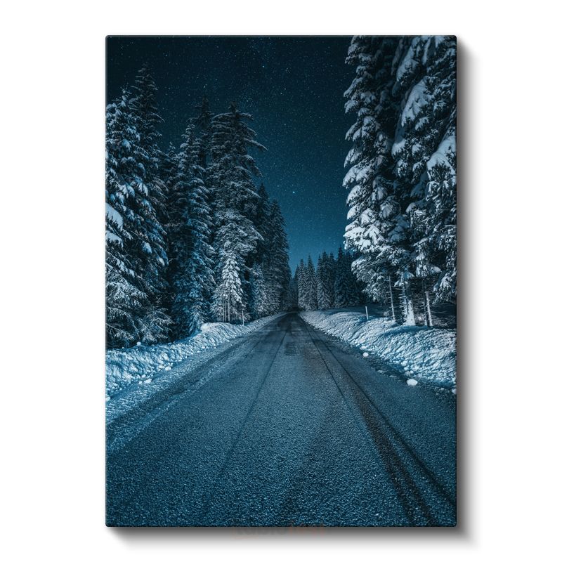 Kış Yolu - Karlı Çam Ağaçları Arasında Gece Manzarası Kanvas Tablo