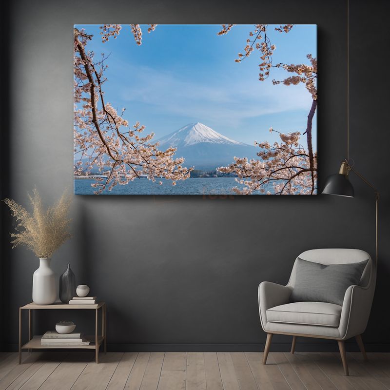 Kiraz Çiçekleri - Fuji Dağı'nın Bahar Manzarası Kanvas Tablo