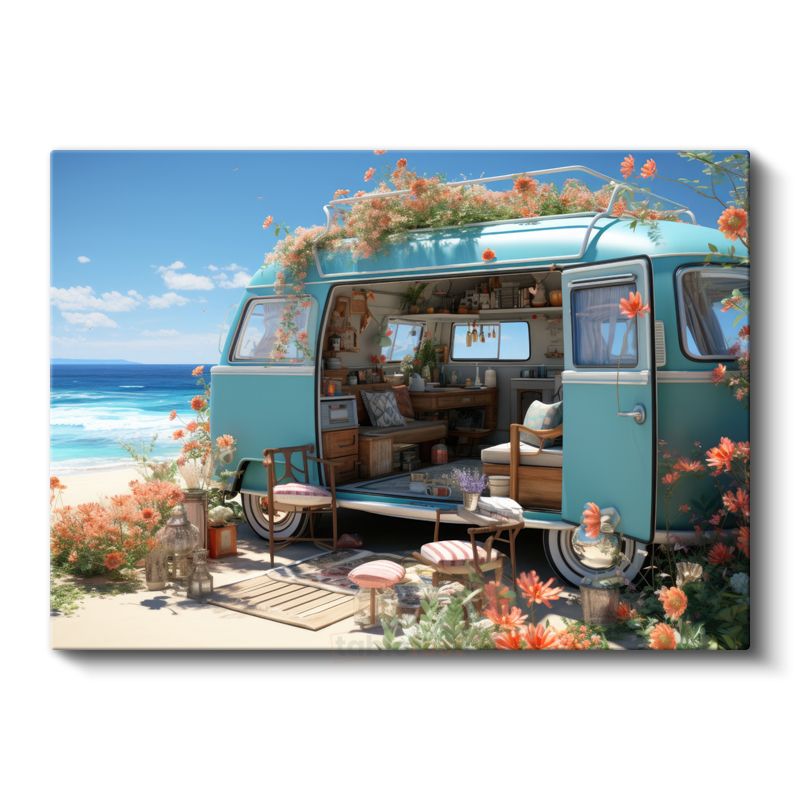 Çiçekli Karavan - Sahilde Huzur Köşesi Kanvas Tablo