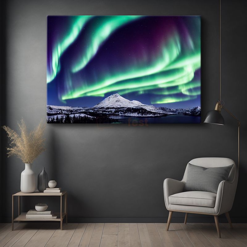 Aurora Borealis - Karlı Dağ Zirvesi Üzerinde Işık Şöleni Kanvas Tablo