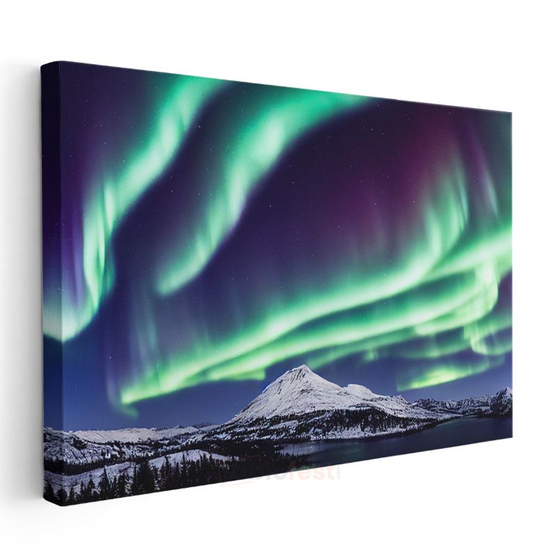 Aurora Borealis - Karlı Dağ Zirvesi Üzerinde Işık Şöleni Kanvas Tablo